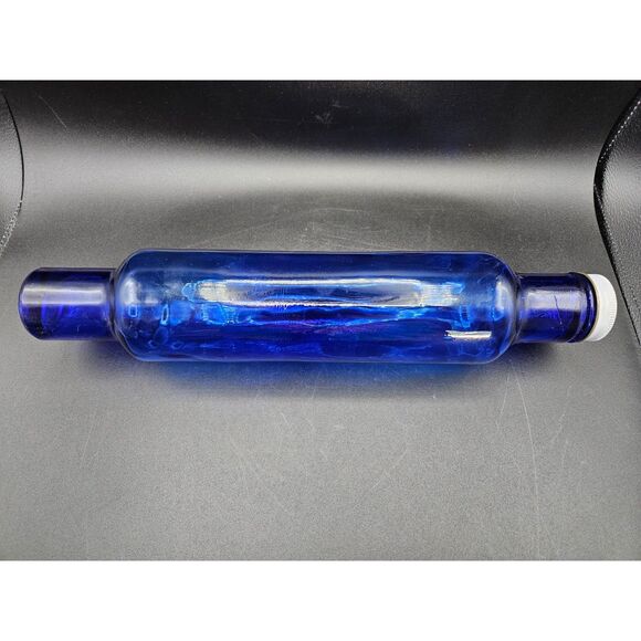 Vintage Cobalt Blue Bubble Glass Rolling Pin Hollow Metal Cap 14" Beautiful - Picture 1 of 6